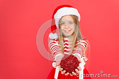 Decorate everything around. I love decorating christmas tree. Festive atmosphere christmas day. Girl santa claus costume Stock Photo