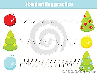 Decorate spruce handwriting practice sheet. Educational children game. Preschool Tracing for toddlers. Christmas and new year Vector Illustration