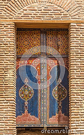 Decorated arabesque pattern at the Doors in Marrakesh - Morocco Stock Photo