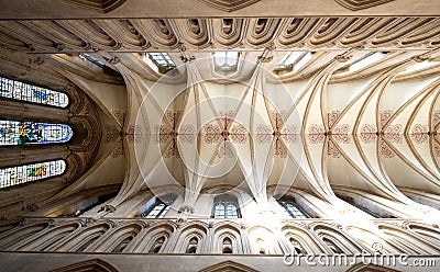 Decorated ceiling of the nave at Wells Cathedral, Somerset, UK. Cathedral is built in medieval Gothic style. Editorial Stock Photo
