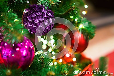 Decorated Christmas Tree,Pine, New year, christmas lights closeup Stock Photo