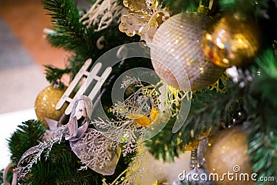 Decorated Christmas Tree,Pine, New year, christmas lights closeup Stock Photo