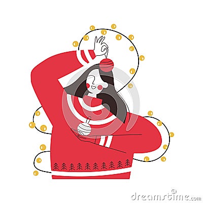 Decorated Christmas girl with garland and baubles. Xmas winter female character in red sweater. Woman celebrating Vector Illustration
