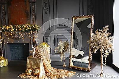 Decorated Christmas, New year room with beautiful gold decorations and mirror Stock Photo