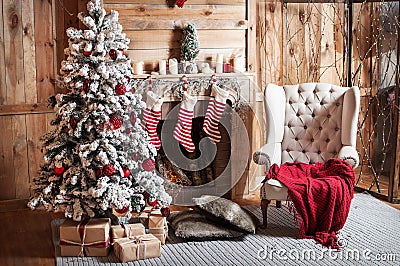 Decorated Christmas room with beautiful fir tree Stock Photo
