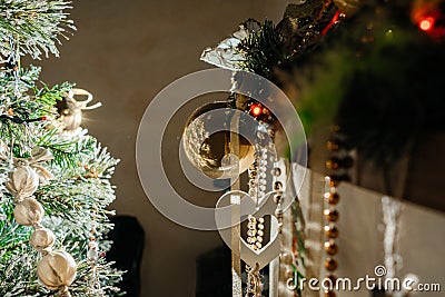 Decorated Christmas tree with balls, beads, baubles. Stock Photo