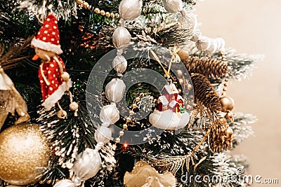 Decorated Christmas tree with balls, beads, baubles. Stock Photo