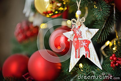 Decorated Christmas tree on blurred, sparkling and fairy background Stock Photo