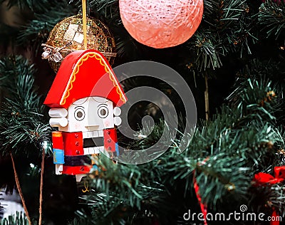 Decorated Christmas tree on a blurry Christmas background . Stock Photo