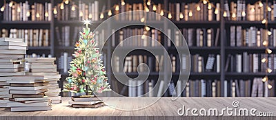 Decorated Christmas tree on Bookshelf in the library with old books, Holidays in Bookstore concept 3d render Cartoon Illustration