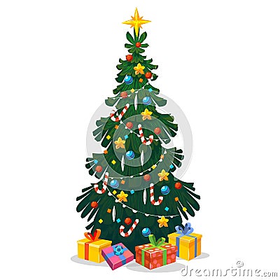 Decorated Christmas tree in cartoon style Vector Illustration