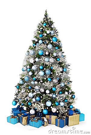 Decorated christmas tree full of blue and silver balls, decorations and many gift wrapped packages isolated on white background Stock Photo