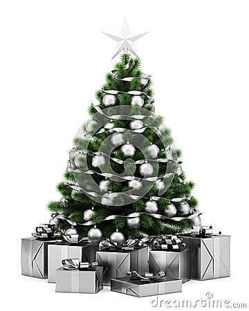 Decorated christmas tree with gift boxes isolated on white Stock Photo