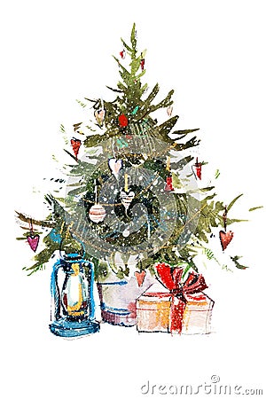 Decorated christmas tree New year Watercolor illustration Water color drawing Cartoon Illustration