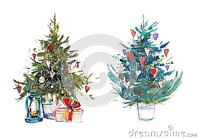 Decorated christmas tree New year Watercolor illustration Water color drawing Cartoon Illustration