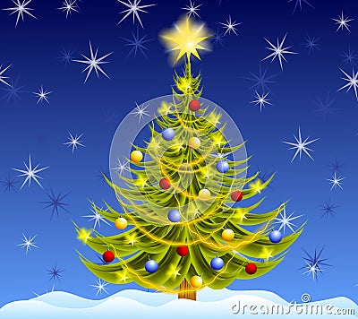 Decorated Christmas Tree Night Cartoon Illustration