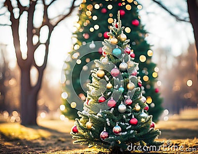 Decorated Christmas tree in pine park. Tree farm. Merry Christmas. New year card. Stock Photo