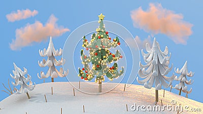 Decorated christmas tree on tiny planet 3D render Stock Photo