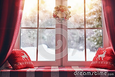 Decorated for Christmas window Stock Photo