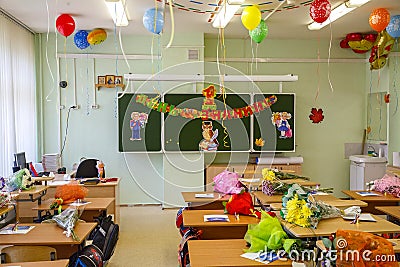 Decorated classroom for first graders on September 1 in city Balashikha, Russia. Editorial Stock Photo