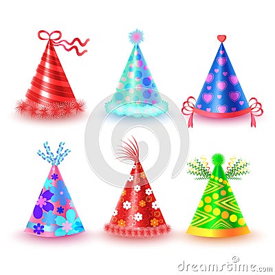 Decorated Colorful Party Hats Vector Icons Set Vector Illustration