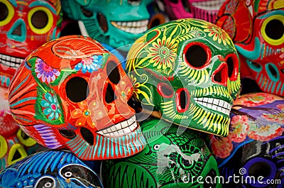 Decorated colorful skulls at market, day of dead, Mexico Stock Photo