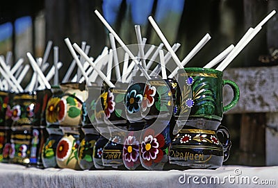 Decorated cups, handcrafts from Zirahuen Stock Photo