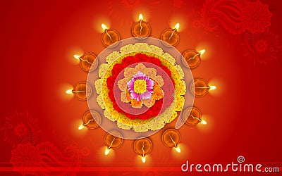 Decorated Diwali Diya on Flower Rangoli Vector Illustration