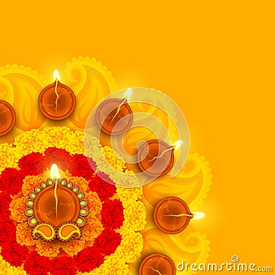 Decorated Diwali Diya on Flower Rangoli Vector Illustration