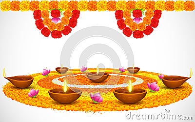 Decorated Diwali Diya on Flower Rangoli Vector Illustration