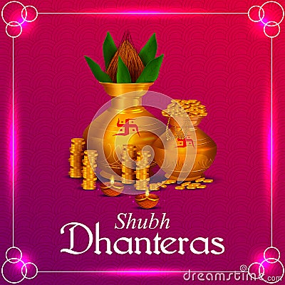 Decorated Diwali holiday background with Hindi greetings meaning Happy Dhanteras Vector Illustration