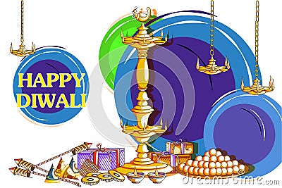 Decorated diya with cracker for Happy Diwali holiday background Vector Illustration
