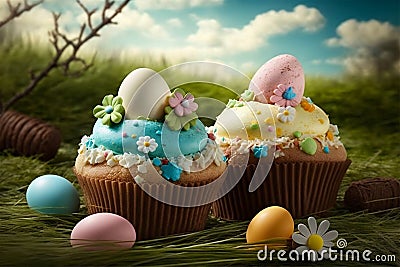 Decorated Easter cupcakes with colourful eggs with meadow on background. Generative ai Stock Photo