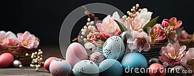 Decorated Easter Eggs Amongst Vibrant Spring Blossoms. Stock Photo