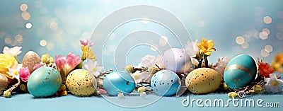 Decorated Easter Eggs Amongst Vibrant Spring Blossoms. Stock Photo