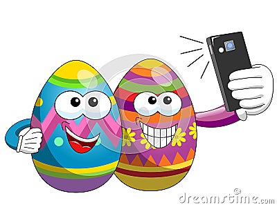 Decorated easter eggs cartoon taking selfie smartphone isolated Vector Illustration