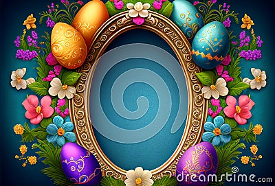 Fancy Easter Eggs and Flower Border Frame - Generative AI Stock Photo