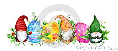Decorated Easter eggs, scandinavian gnomes in floral border, green grass. Watercolor frame for holiday card Stock Photo