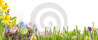 Decorated Easter eggs in a spring meadow Stock Photo