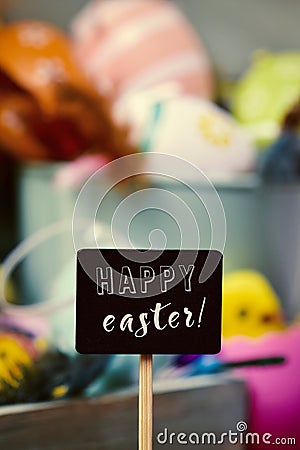 Decorated easter eggs and text happy easter Stock Photo