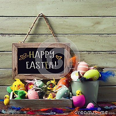 Decorated easter eggs and text happy easter Stock Photo