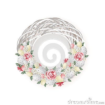 Decorated elegant Easter wreath with quail eggs flowers and other plants - pink white and green color Vector Illustration