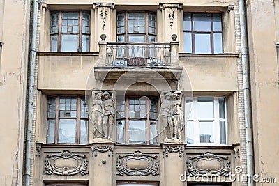 Decorated facade detail of the building. House of merchant Polezhaev Stock Photo