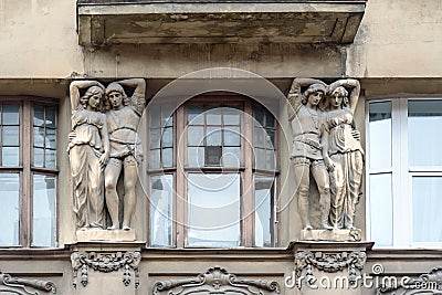 Decorated facade detail of the building. House of merchant Polezhaev in Saint Petersburg, Russia Stock Photo