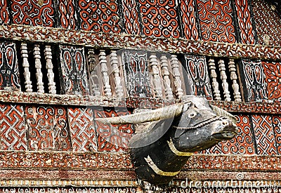 Decorated facade of the traditional house of people living in the region Tana Toraja on the Indonesian Sulawesi island Stock Photo