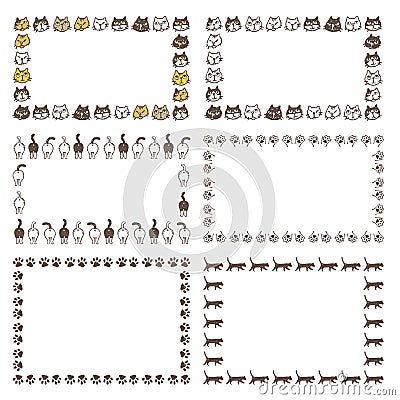 Decorated frames with different type of cats, buttockes and paws Vector Illustration