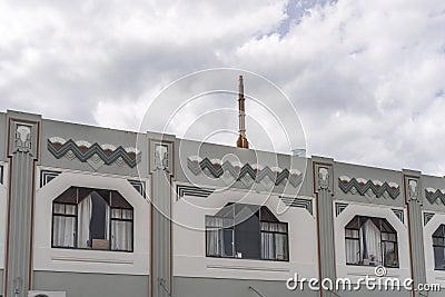 Decorated frieze on picturesque 30`s Deco building cornice, Napier, New Zealand Stock Photo