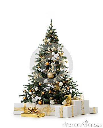 Decorated gold Christmas tree with golden patchwork ornament artificial balls and gift presents for new year Stock Photo