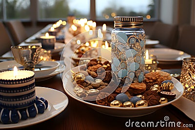 Decorated Hanukkah table with candles, gelt, cookies and festive blue and white decorations Stock Photo