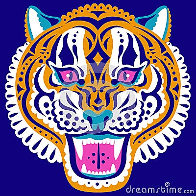 Decorated head of tiger animal stickers design flat vector illustration isolated on white background symbol 2022 year Vector Illustration